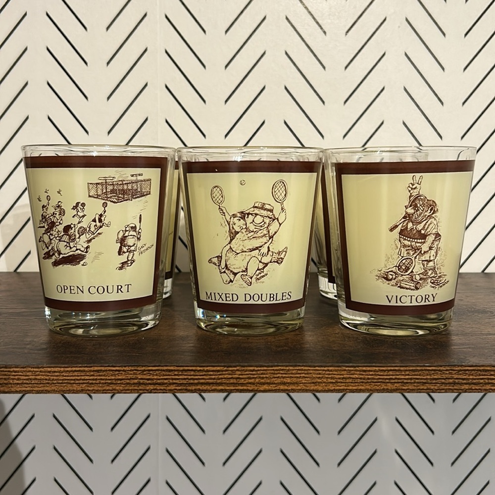 VTG Set 6 Tennis Low Ball 16oz Tumblers Glasses Gary Patterson Barware Kitschy